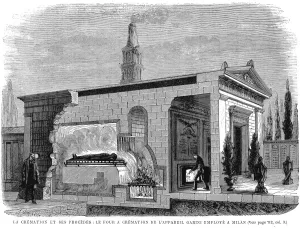 Cremation Prints: Cut-away view of Garinis cremation furnace used in Milan, 1880