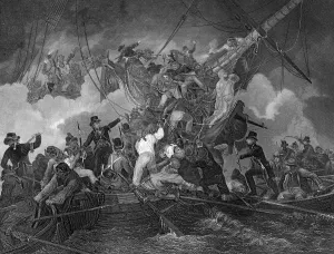 William Freke Williams Prints: The cutting out of the corvette La Chevrette, 21 July 1801 (c1857). Artist: J Rogers