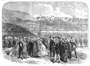 Wheelbarrow Prints: Cutting the first turf of the Carnarvon and Llanberis Railway, 1864. Creator: Unknown