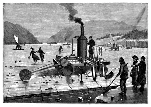 Refrigeration Prints: Cutting ice on the St Lawrence river, Canada, using a steam-powered saw, 1894