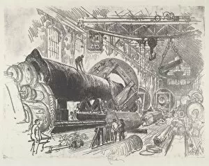 Hoist Gallery: Cutting and Turning a Big Gun, 1916. Creator: Joseph Pennell
