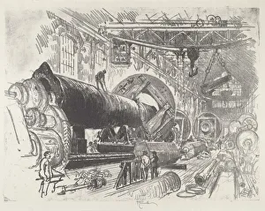 Hoist Prints: Cutting and Turning a Big Gun, 1916. Creator: Joseph Pennell