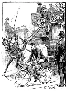 Cyclist in busy London traffic riding a machine of the Rover safety type, 1895. Artist: Stephen T Dadd