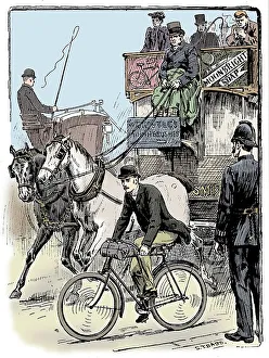 Public Transport Prints: Cyclist in busy London traffic riding a machine of the Rover safety type