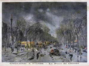A cyclone in Paris, Place du Chatelet, 1896. Artist: Henri Meyer A cyclone in Paris, Place du Chatelet, 1896. Artist: Henri Meyer