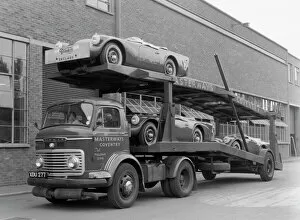 Retro Gallery: Daimler Dart SP250s on car transporter for delivery 1960. Creator: Unknown