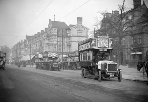 Public Transport Prints: Daimler MET and AEC B-type buses, Cricklewood Broadway, London. Artist: Bill Brunell