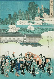 Feudal Prints: The Daimyo's Ladies Procession at Eastern Capitol: Hachimangu Shrine and Chaki-Inari Shrine