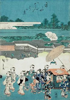 Feudal Prints: The Daimyo's Ladies Procession at Eastern Capitol: Hachimangu Shrine and Chaki-Inari Shrine