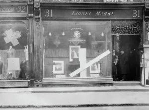 Shop Window Prints: Damage by suffragettes, London, Mar. 1912, Bond St. 1912. Creator: Bain News Service