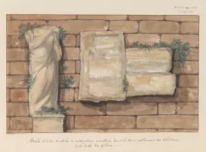 Brick Wall Prints: Damaged image and inscriptions bricked into wall of castle in the city of Gozo