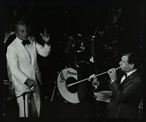 Dance band leader Joe Loss (left) on stage at the Forum Theatre, Hatfield, Hertfordshire, 1986