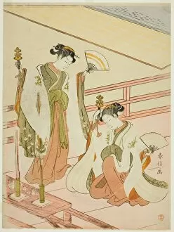 Rose Gallery: The Dance of the Shrine Maidens Ohatsu and Onami, c. 1769. Creator: Suzuki Harunobu