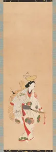 Kakemono Gallery: Dancer in a white dress, patterned with colored leaves