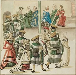 Masquerade Ball Gallery: Three Dancing Couples Led by Two Knights in Room with Column, c. 1515. Creator: Unknown
