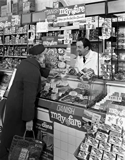 Shopping Basket Prints: Danish Bacon May Fare shop display, Wath upon Dearne, South Yorkshire, 1964. Artist