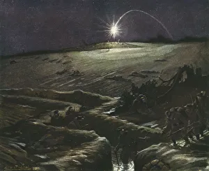 No Mans Land Prints: Dans La Tranchee; Tranchees de Noulette, la fusee eclairante, 1915. Creator: G Michel