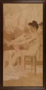 Pelez Fernand Emmanuel Prints: Danseuse dans sa loge enfilant un collant, between 1905 and 1909. Creator: Fernand Pelez
