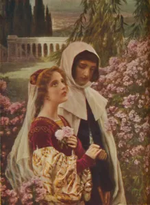 Romance Prints: Dante Aligheri - Dante and Beatrice in the Garden, c1925. Artist: Cesar Saccagi