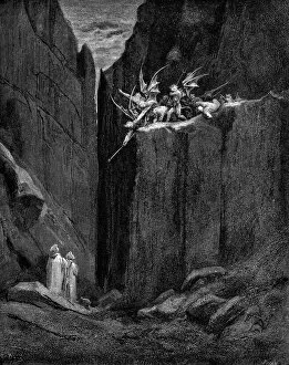 Inferno Gallery: Dante protected by Virgil from harm by demons, 1863. Artist: Gustave Dore