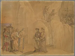 Chalk On Paper Prints: Dante, reaching a rock face, encounters Manfred