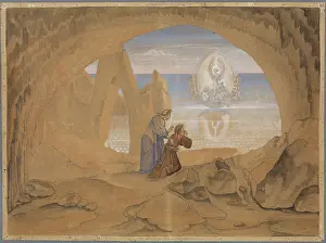 Chalk On Paper Prints: Dante sees a small boat guided by an angel
