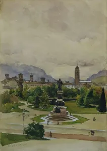 Watercolor On Paper Prints: Dante Square in Trento, 1903. Creator: Karl Friedrich Gsur
