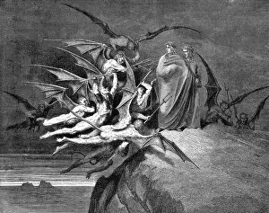Inferno Gallery: Dante and Virgil beset by demons on their passage through the eighth circle, 1861