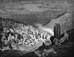 Inferno Gallery: Dante and Virgil looking down upon souls in torment in the inferno, 1863. Artist: Gustave Dore