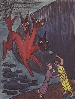 Dante Alighieri Collection: Dante and Virgil with three-headed monster, 1951. Creator: Shirley Markham