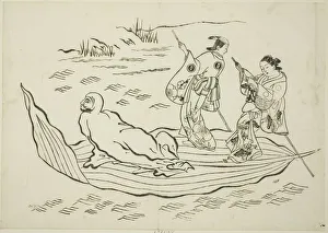 Boatman Gallery: Daruma crossing the sea on a leaf, no. 7 from a series of 12 prints, c. 1708