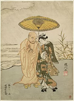 Chuban Surimono Gallery: Daruma and a young woman in the rain, 1765. Creator: Suzuki Harunobu