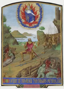 Corpse Prints: David, in armour, kneeling in penitence before the Almighty with his army