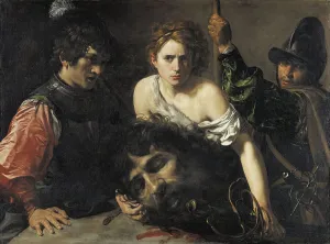 Goliath Prints: David With the Head of Goliath and Two Soldiers, 1620. Creator: Valentin de Boulogne