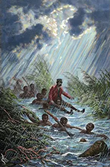 David Livingstone is carried through a swamp during his expedition to Africa in 1872. Creator: Charles Laplante