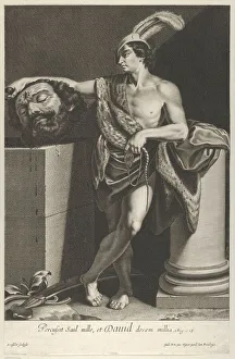 Slingshot Prints: David standing with crossed legs and holding the head of Goliath on a pedestal at l