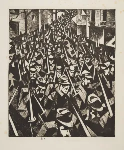 Knapsack Prints: A Dawn, 1914, pub. 1915. Creator: Christopher Richard Wynne Nevinson (1889 –