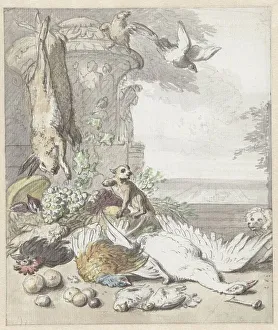 Pheasant Prints: Dead game with a monkey and a dog, 1650-1719. Creator: Jan Weenix