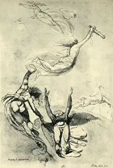 Goddesses Prints: Dead hero with goddesses, 1778, (1943). Creator: Henry Fuseli