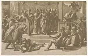 Raffaello Sanzio Da Urbino Gallery: The death of Ananias, surrounded by Apostles, 1518. Creator: Ugo da Carpi