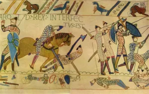Eleventh Century Prints: The death of Harold at the Battle of Hastings, 1066, (1944). Creator: Unknown