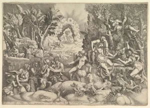 Giulio Prints: The Death of Procris; Cephalus mournig the death of Procris on the right surrounded by