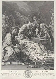 The death of Saint Joseph, lying on a bed, with Jesus, the Virgin Mary, and angels at h... 1740-50