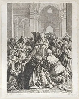 Death of the Virgin, lying on a chair at center, surrounded by Apostles, inside a tem... 1790-1822. Creator: Joseph Fischer