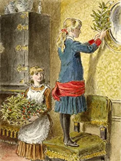 Decorating for Christmas, pub. 1854. Creator: Alfred W Cooper (1850 - 1901) Decorating for Christmas, pub. 1854. Creator: Alfred W Cooper (1850 - 1901)