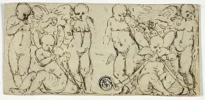 Trumpets Prints: Two Decorative Groups of Putti with Trumpets and Fruit, n.d. Creator: Unknown