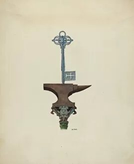 Anvil Gallery: Decorative Ironwork & Locksmith Sign, c. 1939. Creator: Ray Price
