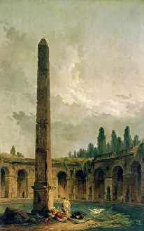 Swan Prints: Decorative Landscape with an Obelisk, 1773. Creator: Hubert Robert