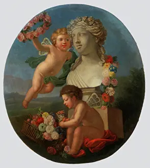 Wreath Prints: Decorative Panel with a Bust, Angels and Flowers, 1776. Creator: FR Monogrammist