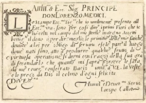 Tuscan Prints: Dedication to Don Lorenzo de Medici, c. 1622. Creator: Jacques Callot